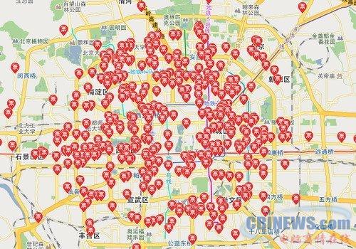 北京市内390个火车票代售点分布图